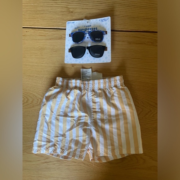 H&M Yellow and White Stripe Boys Swim Trunks with Sun Glasses 2T - Picture 1 of 6